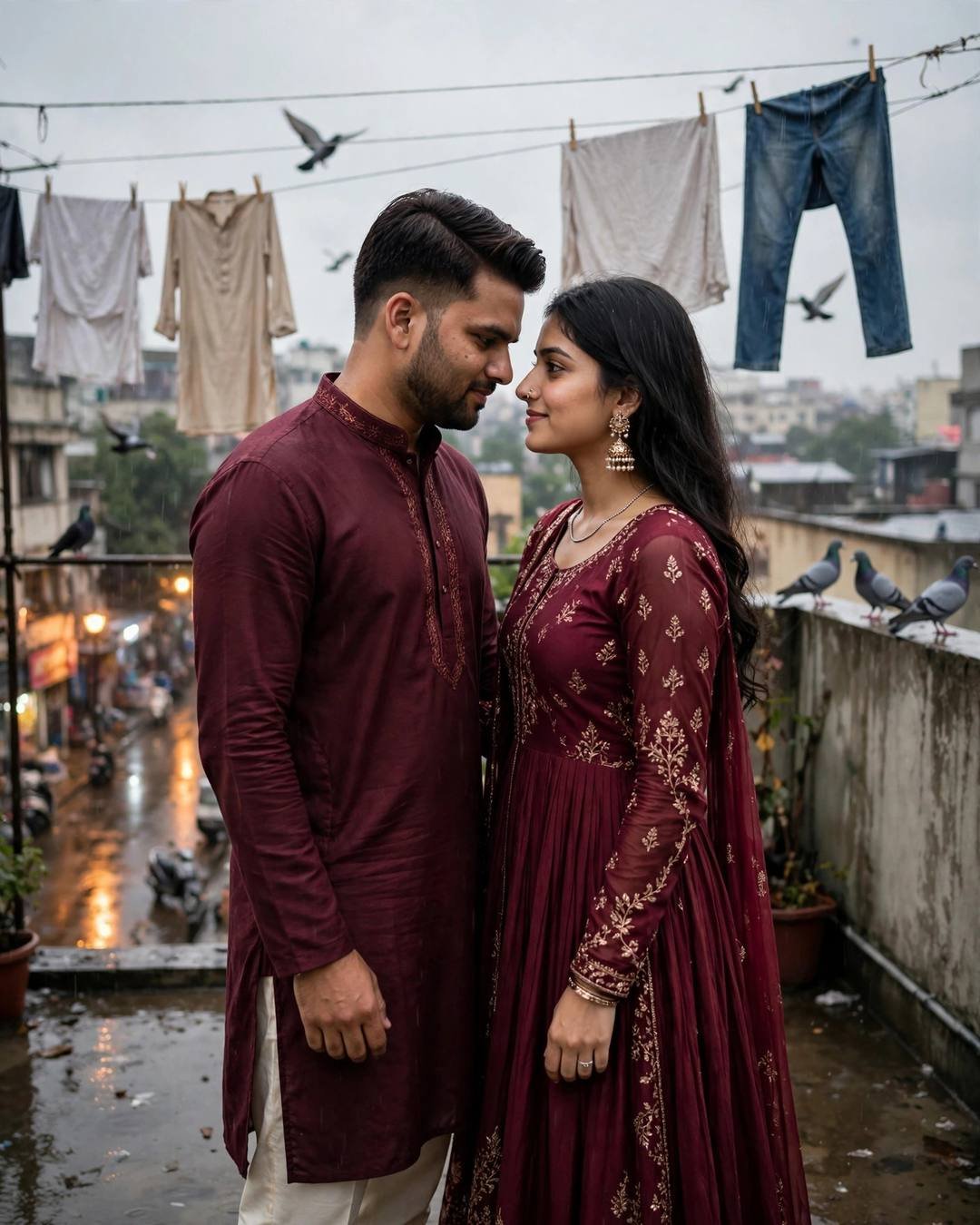 Couple in matching maroon traditional outfits with foreheads nearly touching on a post-rain rooftop terrace