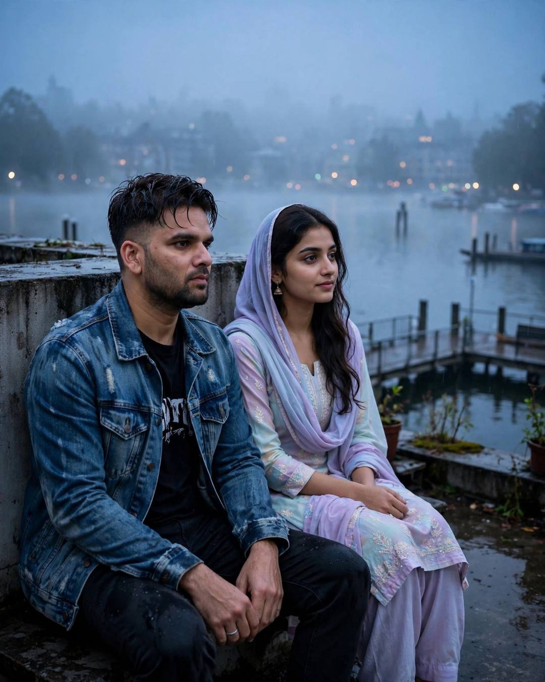 Couple sitting close together on a quiet lake pier at dawn in dense fog