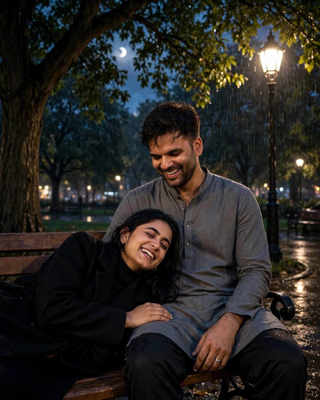 Joyful couple on a park bench at night, woman laughing with her head resting in his lap