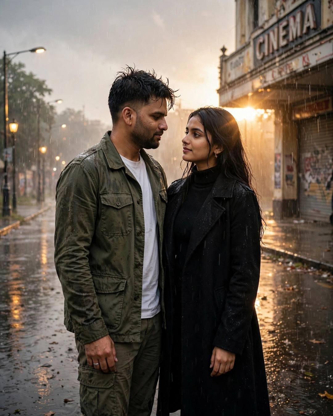 Couple dancing slowly outside an old abandoned cinema in golden-hour rain