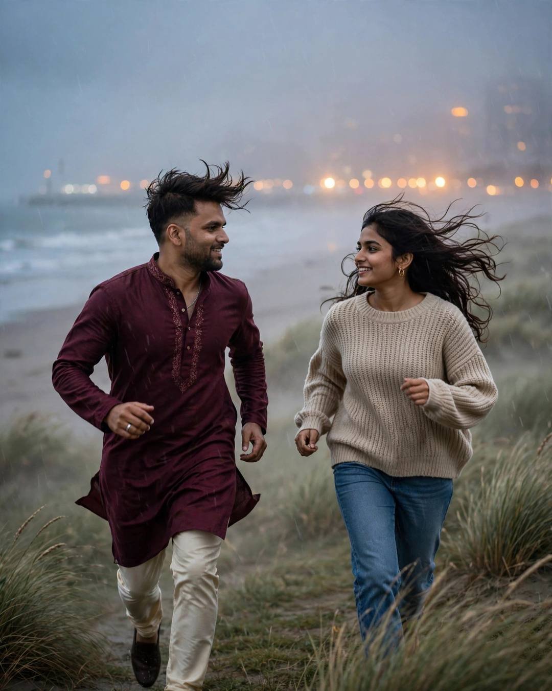 Couple running and laughing through grassy beach dunes at dusk — man in maroon kurta, woman in beige sweater