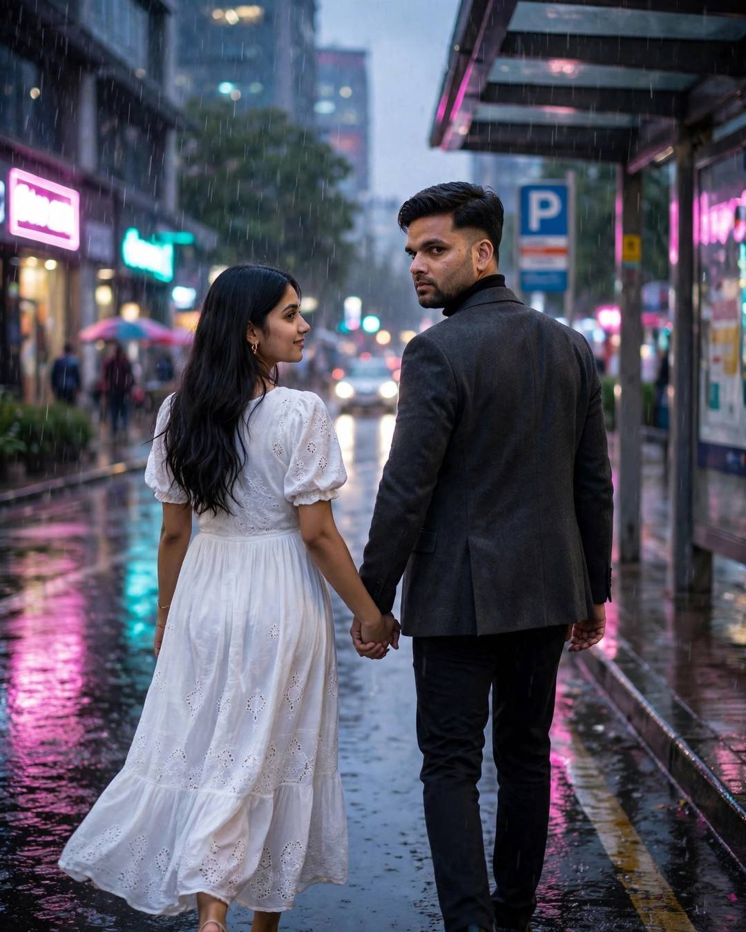 Couple walking hand in hand away down a neon-lit rainy street, man glancing back