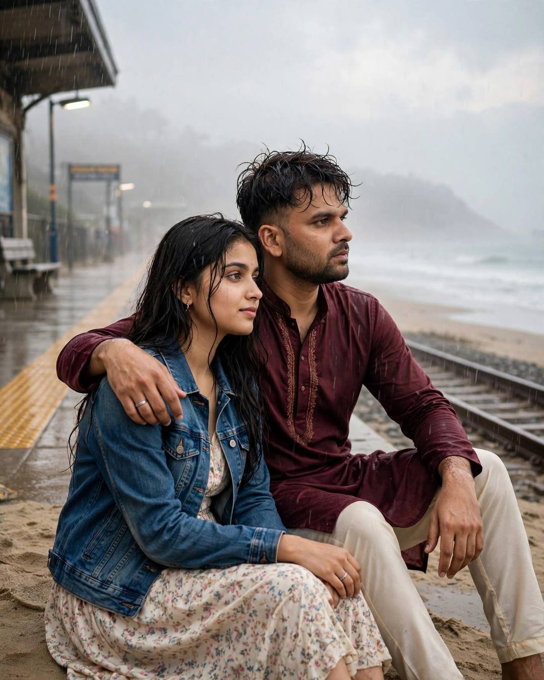 Couple sitting close at the edge of a rainy platform by the sea, his arm around her