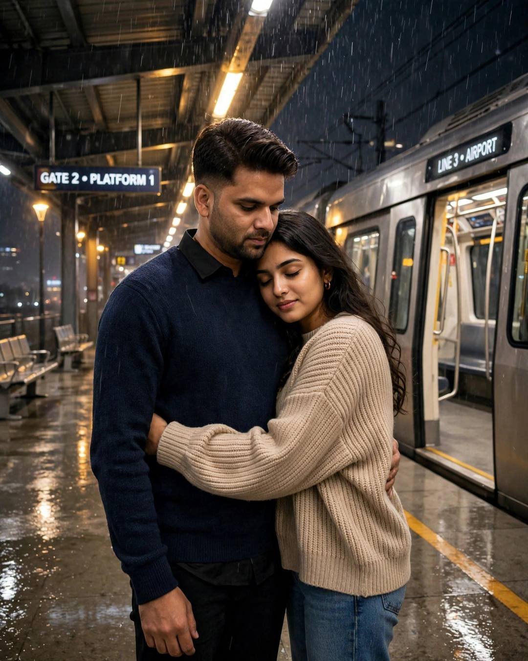 Couple sharing a last hug on a rainy metro platform at night as the train waits