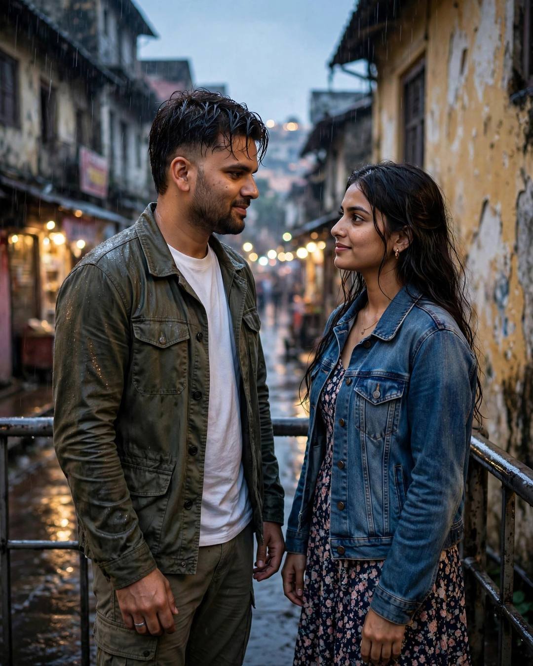 Young Indian couple standing on a bridge in the rain in an old-city lane at blue hour, looking at each other, city lights blurring behind