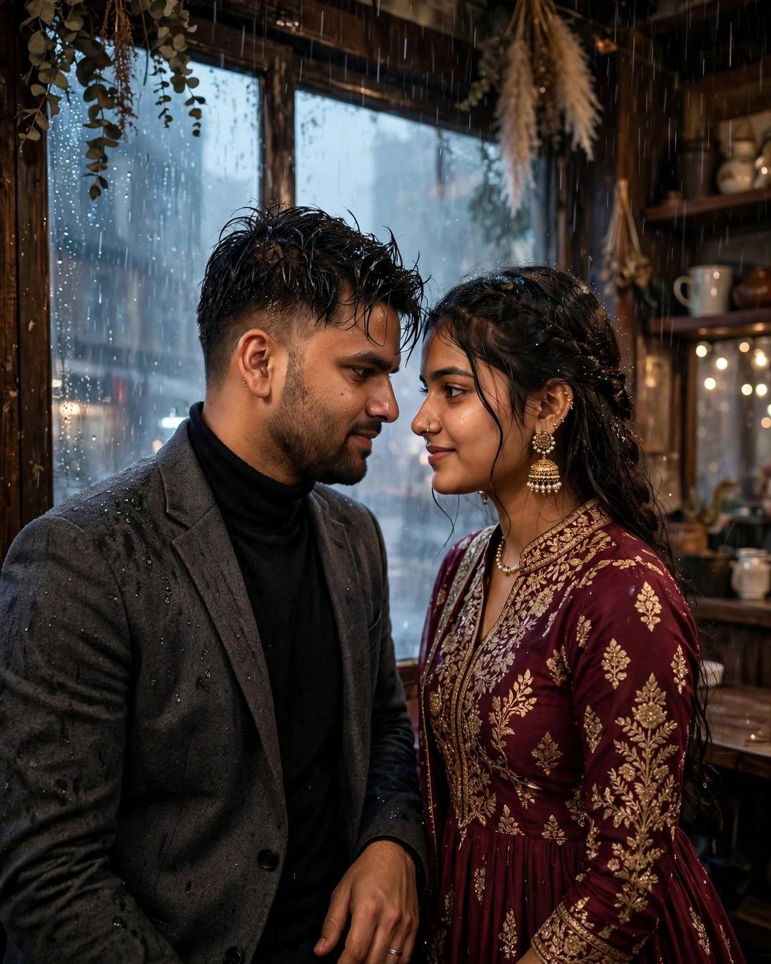 Young Indian couple with foreheads almost touching by a rain-streaked café window, maroon anarkali with jhumkas, charcoal blazer, monsoon night
