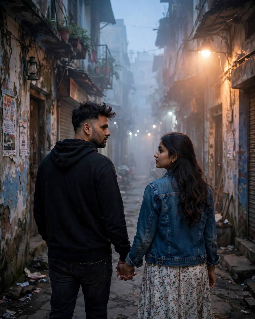 Young Indian couple walking hand in hand away from the camera down a foggy old-city lane at blue hour, black hoodie and denim jacket, warm streetlamp in fog