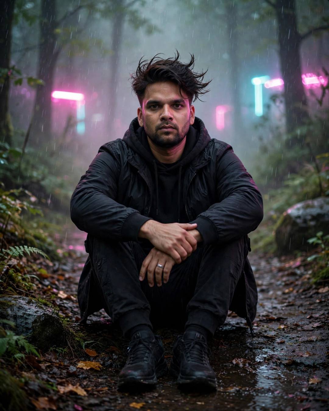 Man with knees drawn up sitting on a neon-lit forest path in the rain