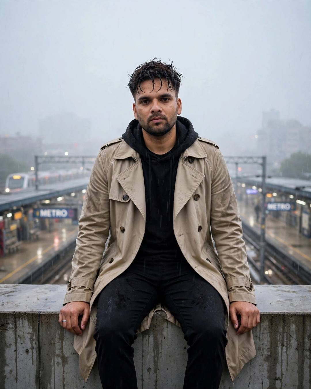 Man in a trench coat sitting on a ledge at a foggy metro station in the rain