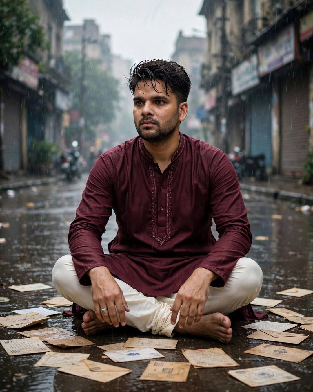 Young Indian man in a maroon kurta and cream churidar sitting cross-legged on a rain-soaked street surrounded by old letters at dawn