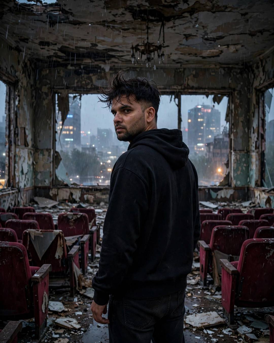 Young Indian man in a black hoodie looking over his shoulder in a ruined abandoned cinema hall with city lights beyond broken windows