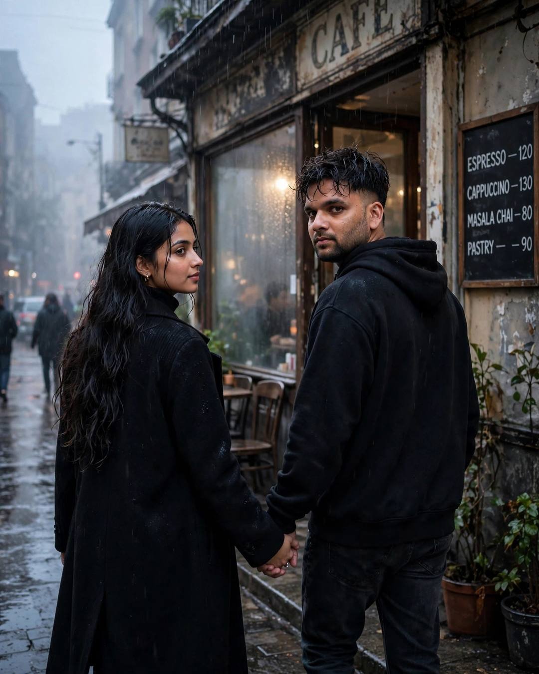 Couple in black holding hands and glancing back while walking away past an old cafe with fogged windows in the rain