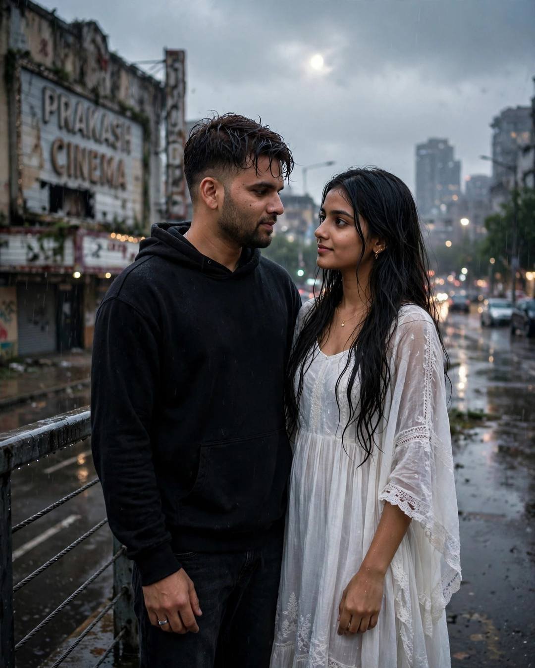 Couple facing each other on a rain bridge — man in black hoodie, woman in white dress, old cinema sign behind