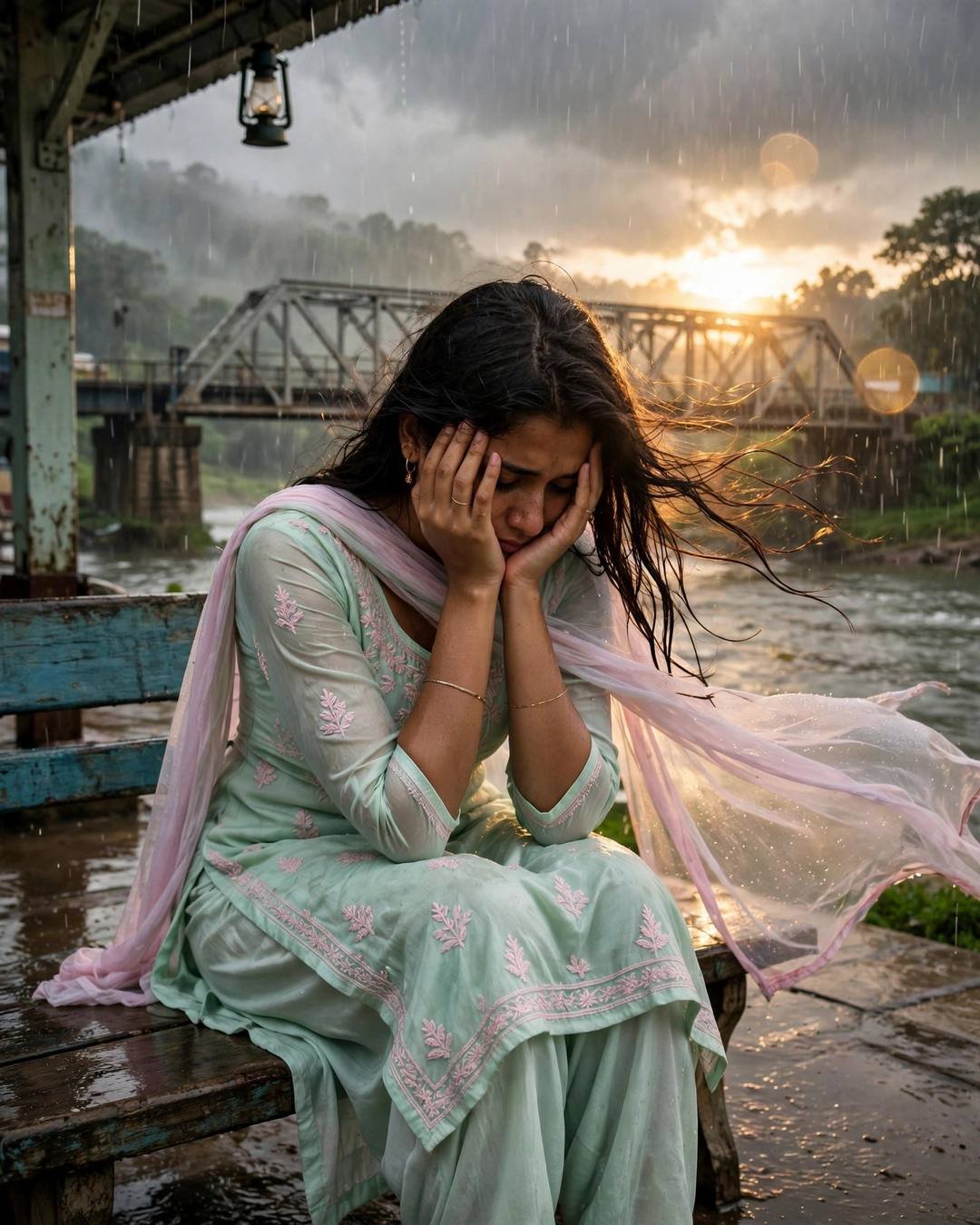 Young Indian woman in a mint salwar-kameez with pink dupatta sitting with head in hands on a riverside bench in heavy monsoon rain