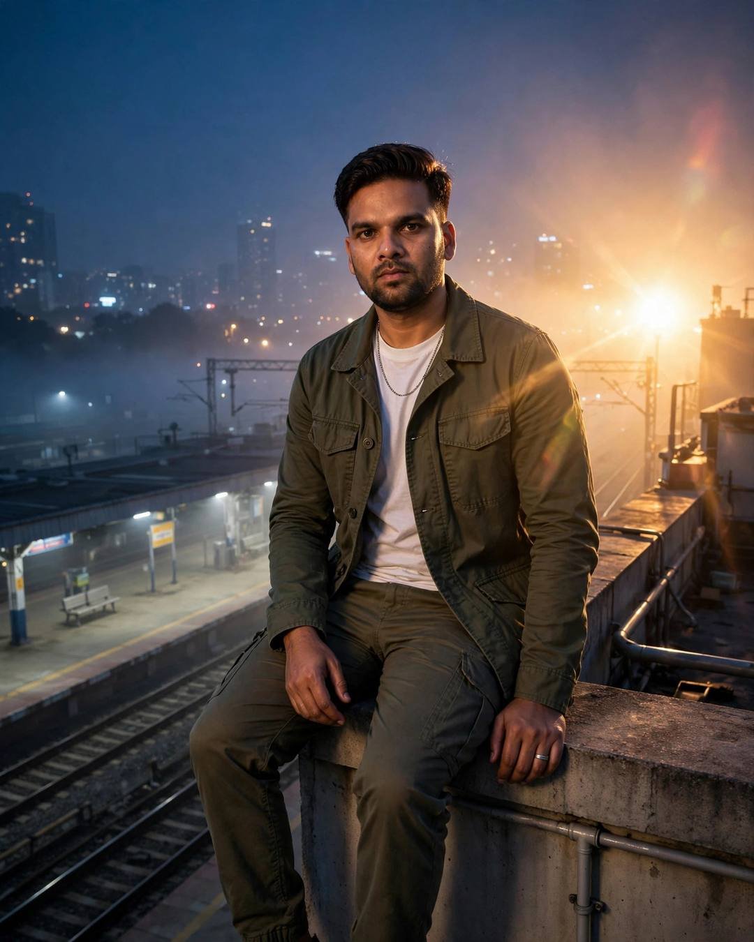 Young Indian man in olive field jacket and white tee sitting on a rooftop ledge above a foggy railway platform at night, golden backlight with lens flare