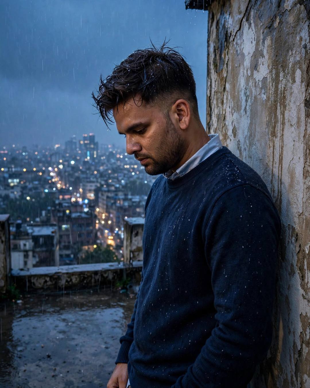 Young Indian man in navy sweater leaning against a weathered wall in light rain, city lights glowing below at blue hour