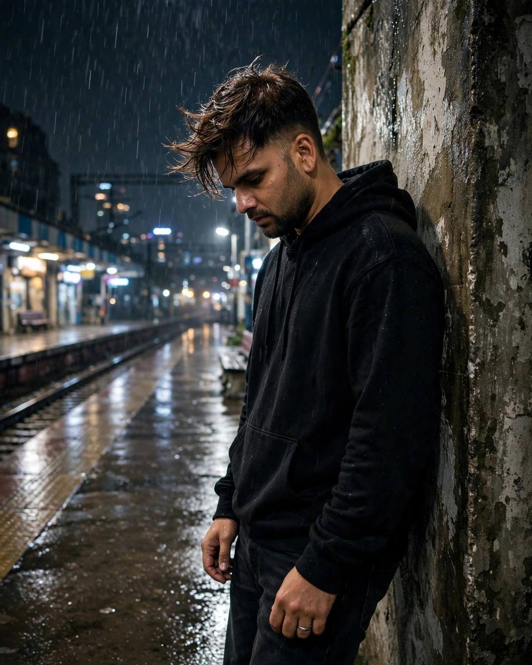 Young Indian man in black oversized hoodie leaning against a weathered wall on a wet railway platform at night, rain falling around him