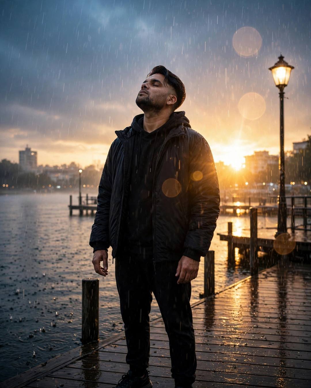 Young Indian man in all-black streetwear standing on a lake pier in heavy rain at dawn, face lifted to the sky with sunrise behind