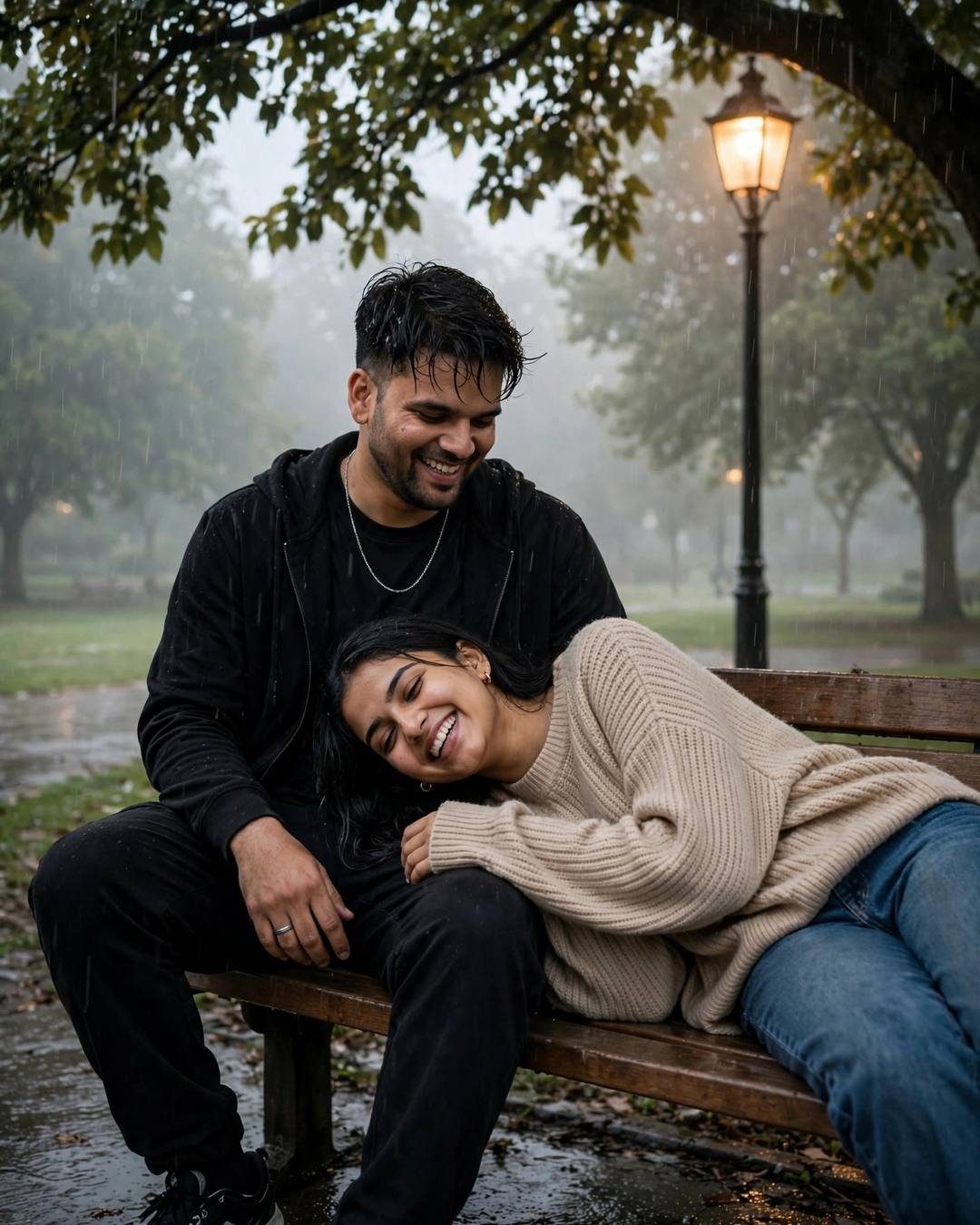 Laughing couple on a park bench under a tree in the rain, her head resting in his lap