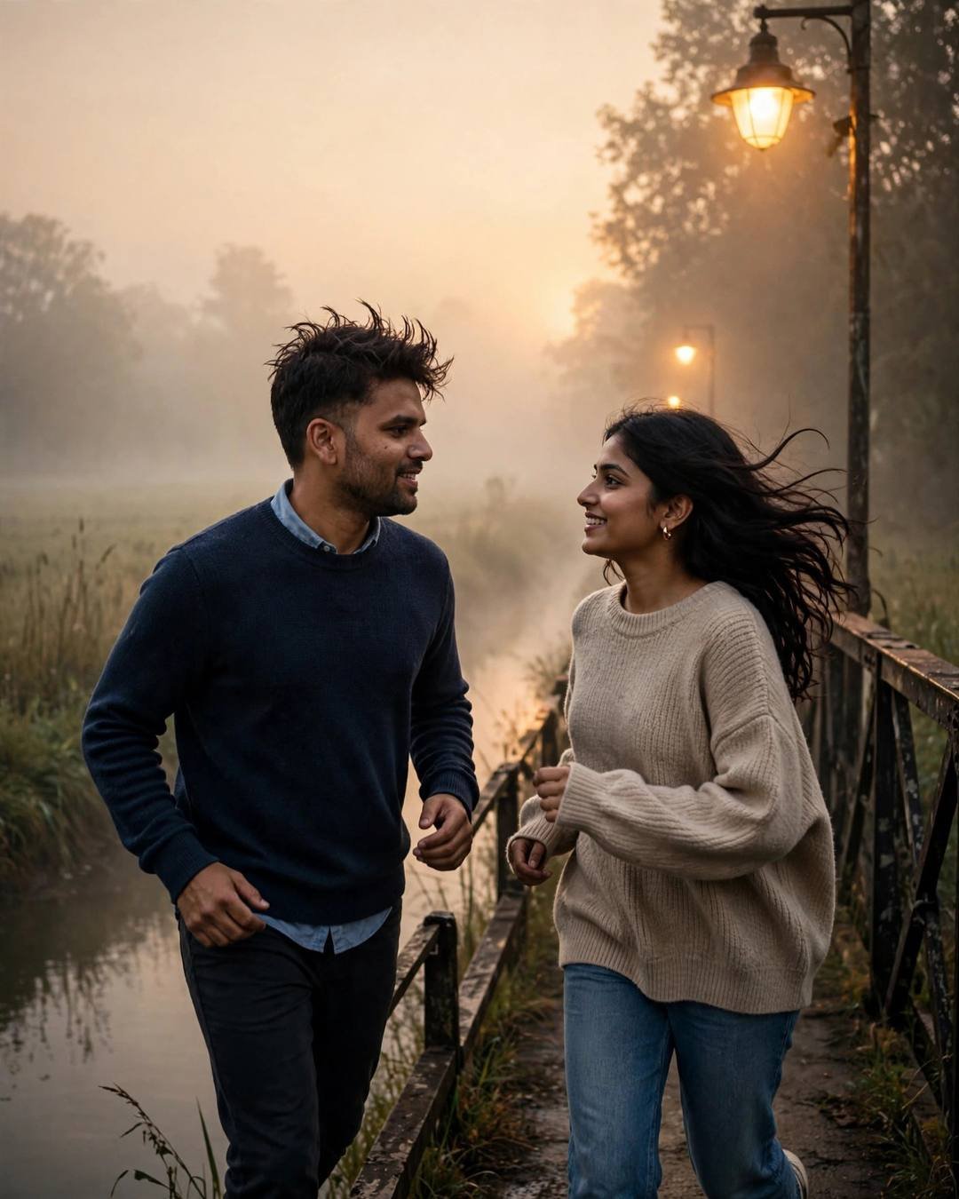 Couple walking on a foggy bridge over a river at golden hour, turning to look at each other