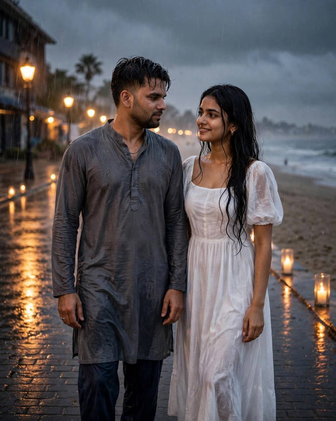 Couple gazing at each other on a rainy beach promenade at dusk lined with candles and lamps