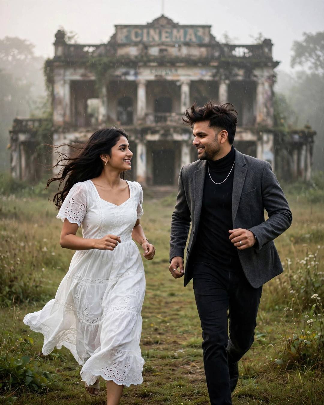 Young Indian couple running toward each other laughing across a grassy field in front of an abandoned cinema hall, woman in white dress, man in charcoal blazer
