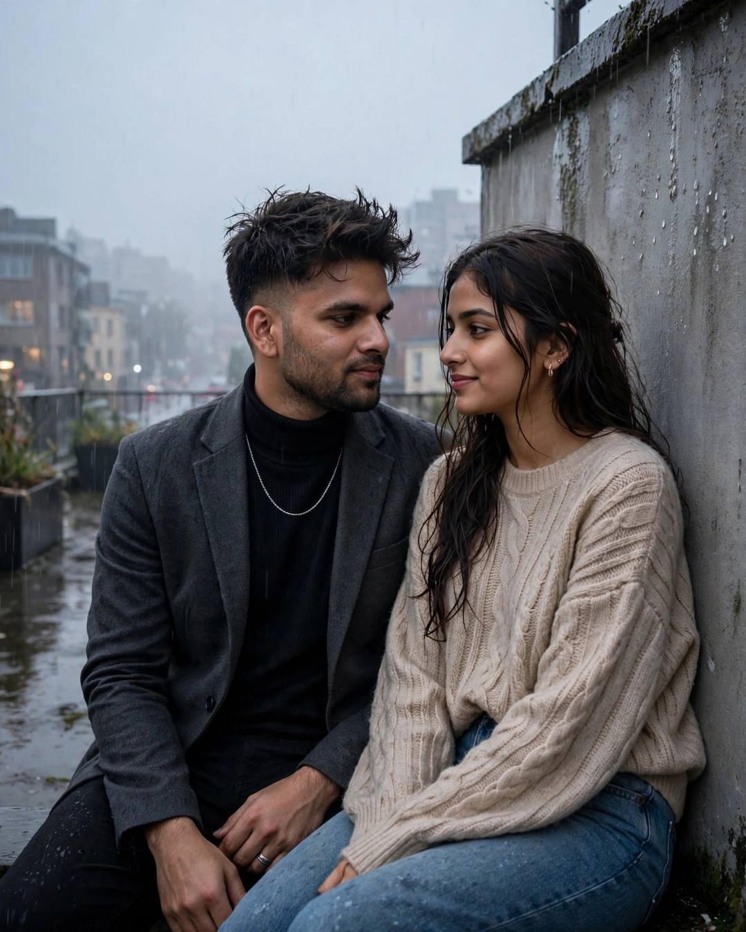 Couple sitting close on a rain-washed rooftop at blue hour, him in charcoal blazer, her in oversized beige sweater