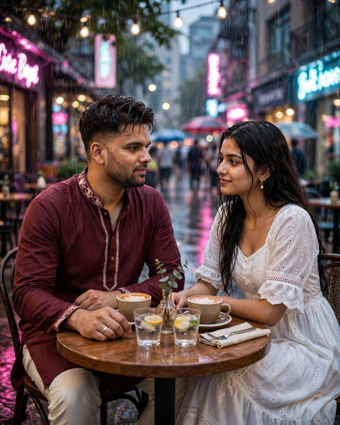 Couple across a small cafe table on a neon-lit rainy street, hands almost touching, him in maroon kurta, her in white dress