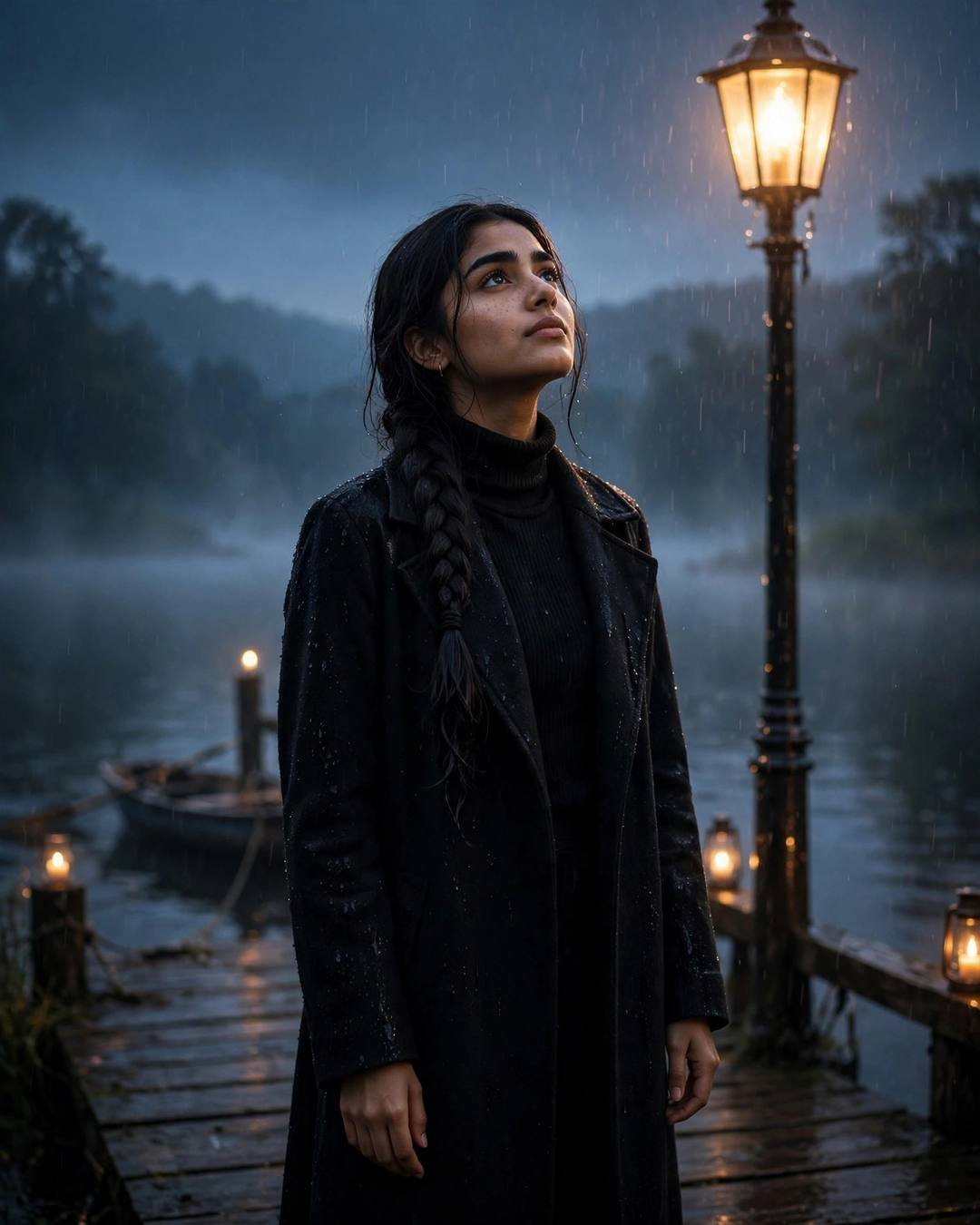 Young Indian woman in a black turtleneck and long coat standing under a streetlamp at a misty lake pier, face lifted to the rain