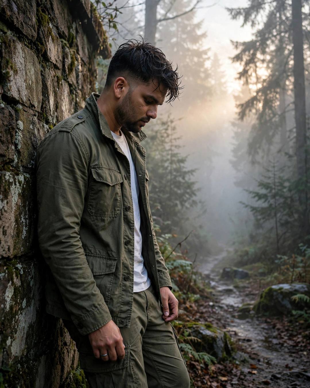 Young Indian man in olive field jacket leaning against a weathered wall beside a misty forest path at dawn