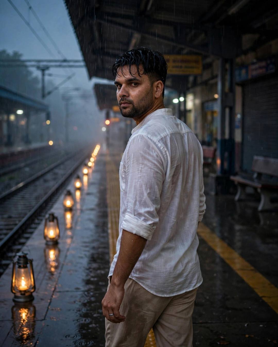 Young Indian man in white linen shirt on a rainy railway platform at night, looking back past glowing lanterns