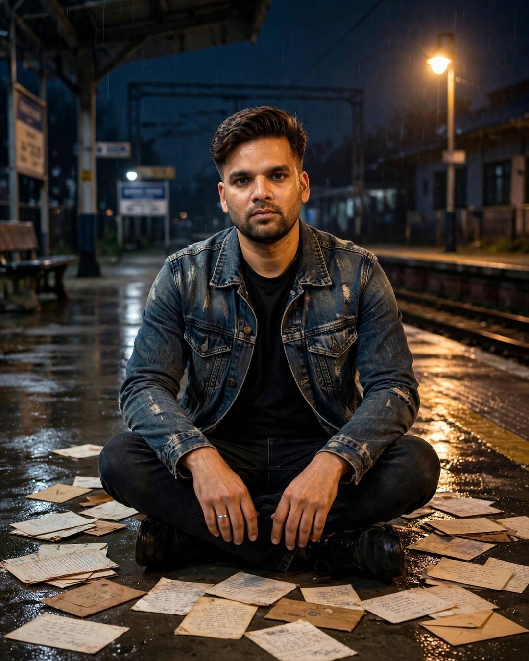 Young Indian man in denim jacket sitting cross-legged among old letters on a rainy railway platform at night