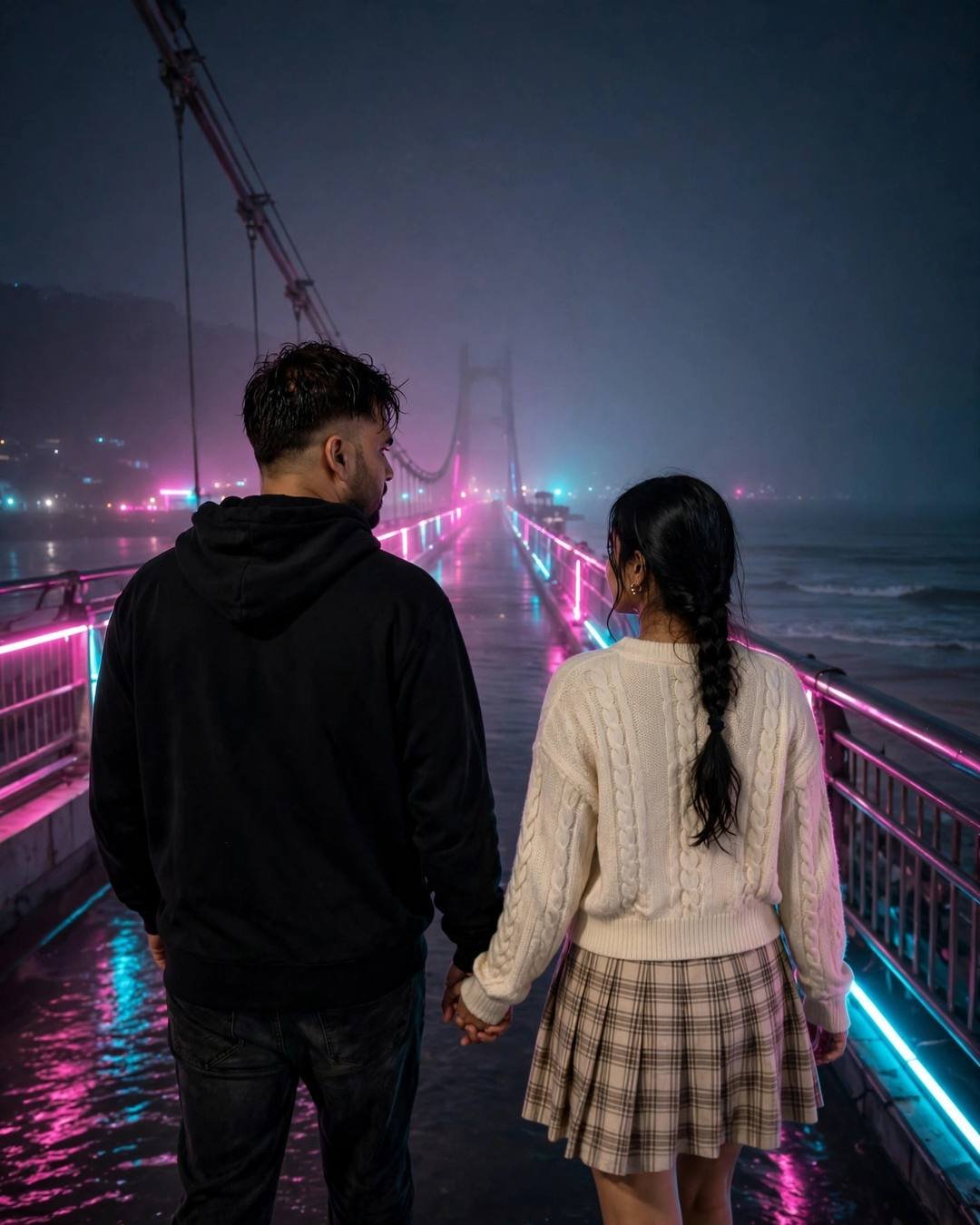 Her leaning softly on his shoulder, both — black oversized hoodie and dark jeans, towel-dried tousled hair walking hand in hand away from the camera into the distance