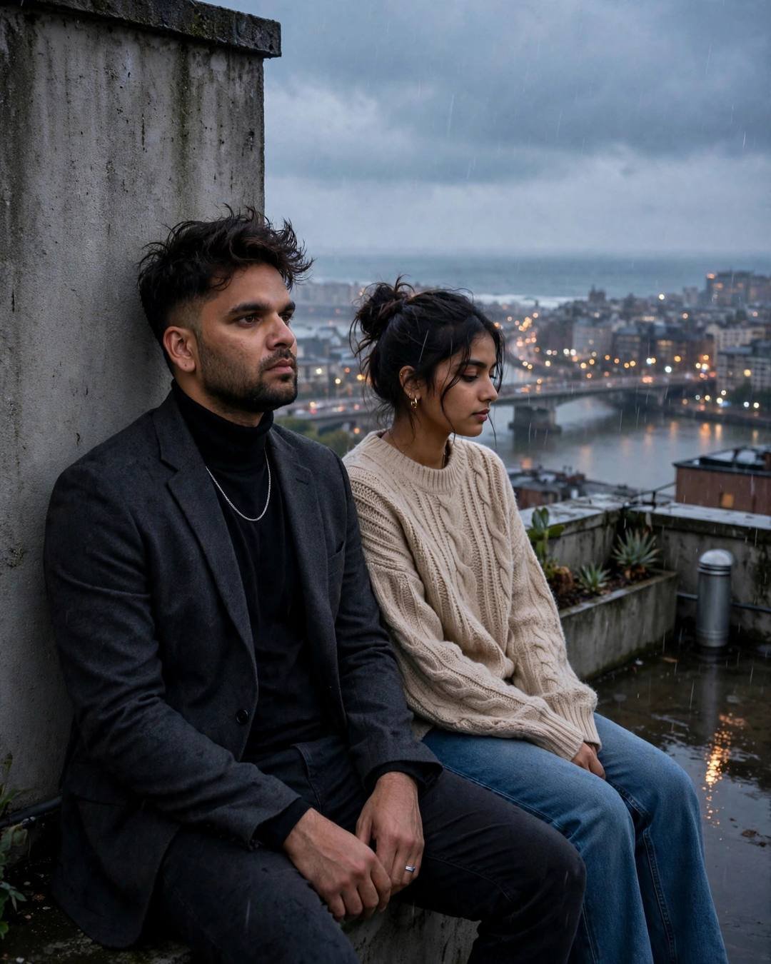 Feeding noisy gulls from an open paper — charcoal blazer, black turtleneck, slightly messy morning hair sitting on a rooftop, backs against the wall, sharing silence
