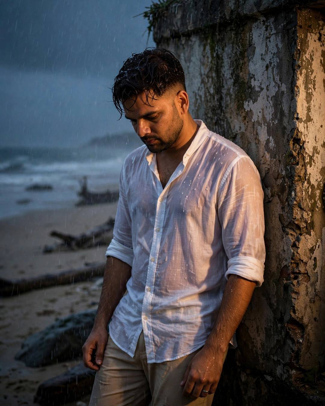 Black turtleneck beneath a lonely streetlamp on — white linen shirt with rolled sleeves, beige trousers, damp rain-wet hair leaning against a weathered wall, head tilted down at deserted beach
