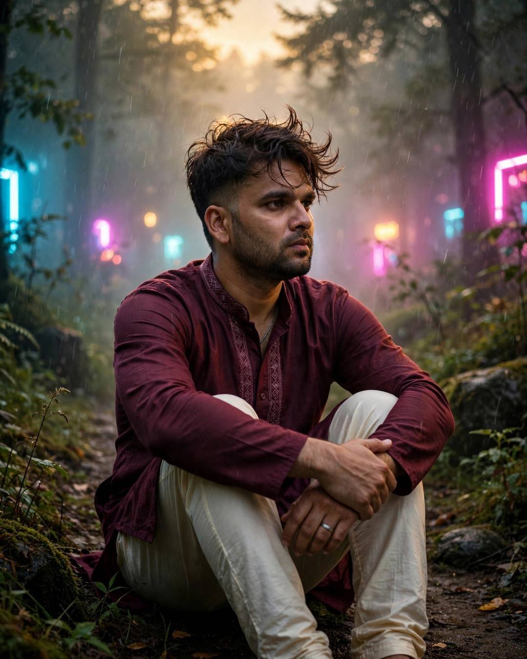 Young Indian man in a maroon kurta and cream churidar sitting with knees drawn up on a misty rain-soaked forest path with neon pink and cyan light