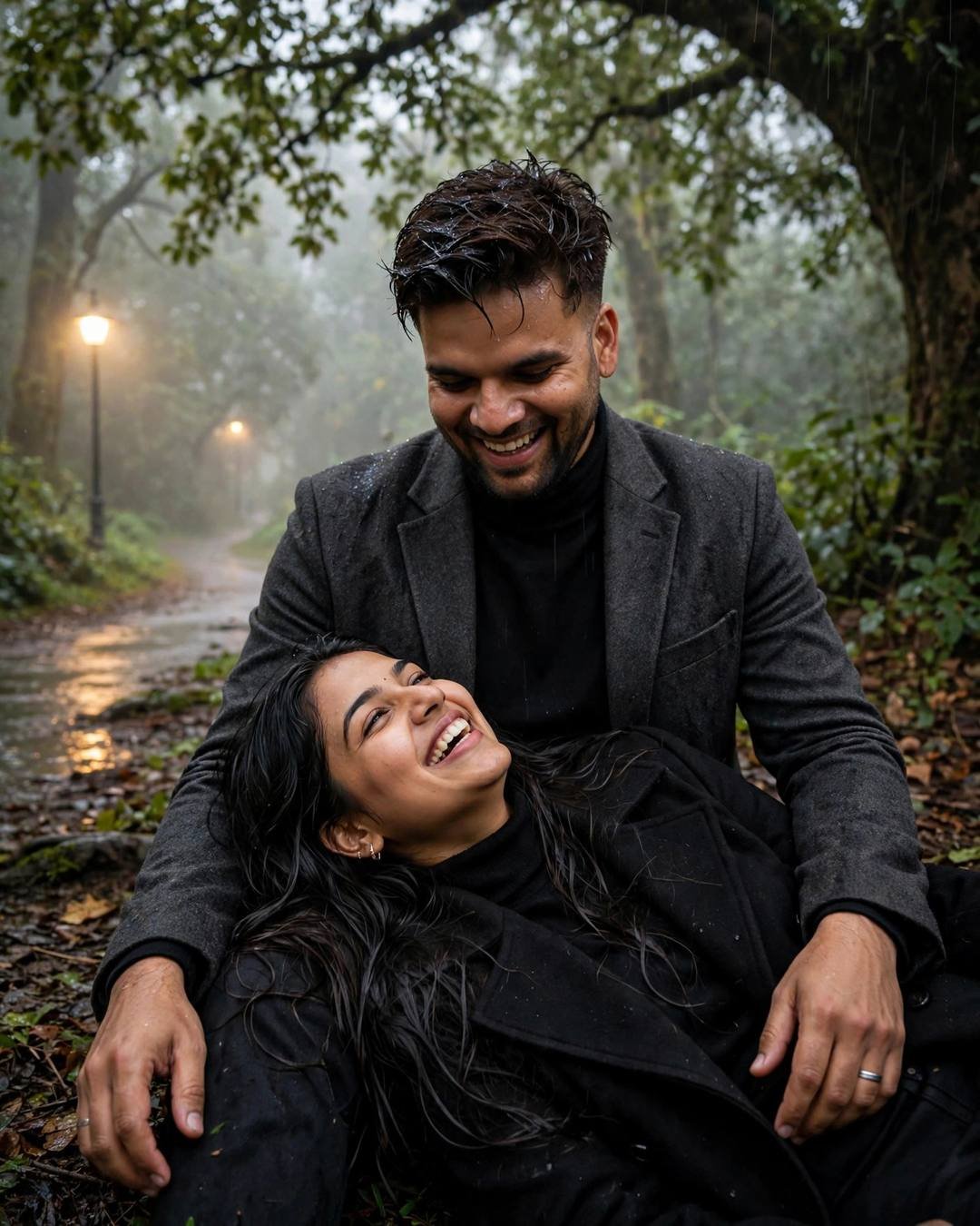 Indian couple laughing together on a misty forest path, her head resting in his lap as rain falls through the tree canopy above them