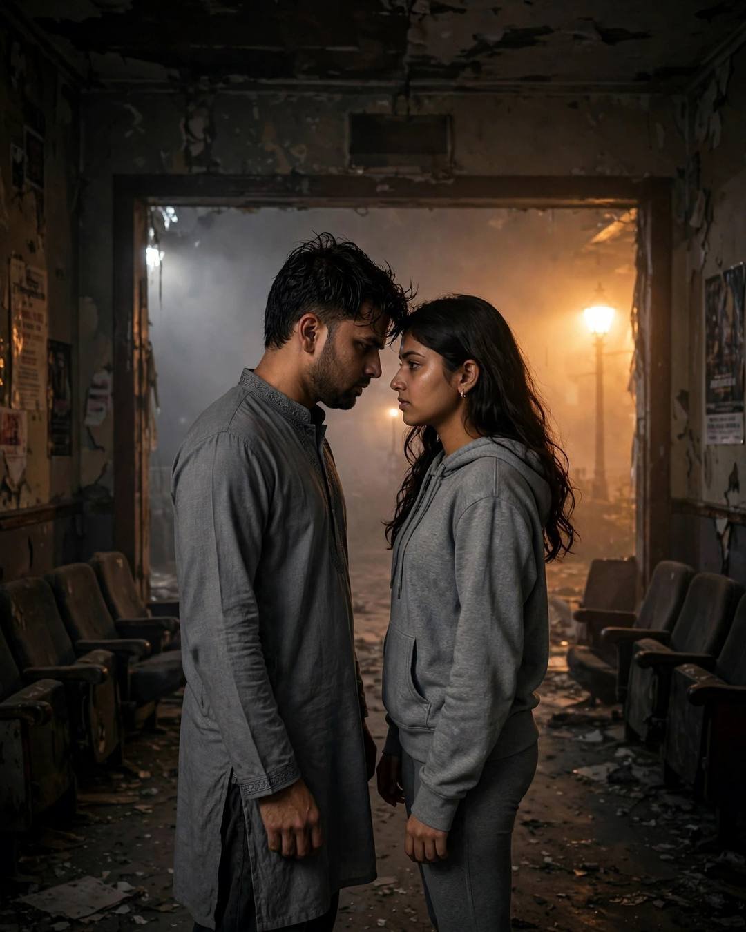 Indian couple standing face to face with foreheads almost touching in a fog-filled abandoned cinema hall, warm lamplight glowing behind them