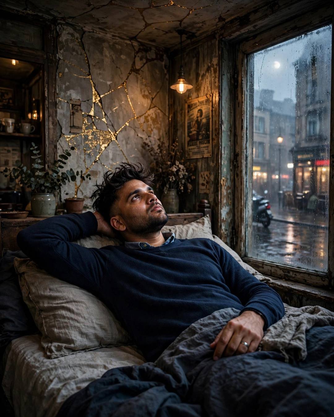 Man lying on a bed staring at the ceiling, gold cracks in the old wall