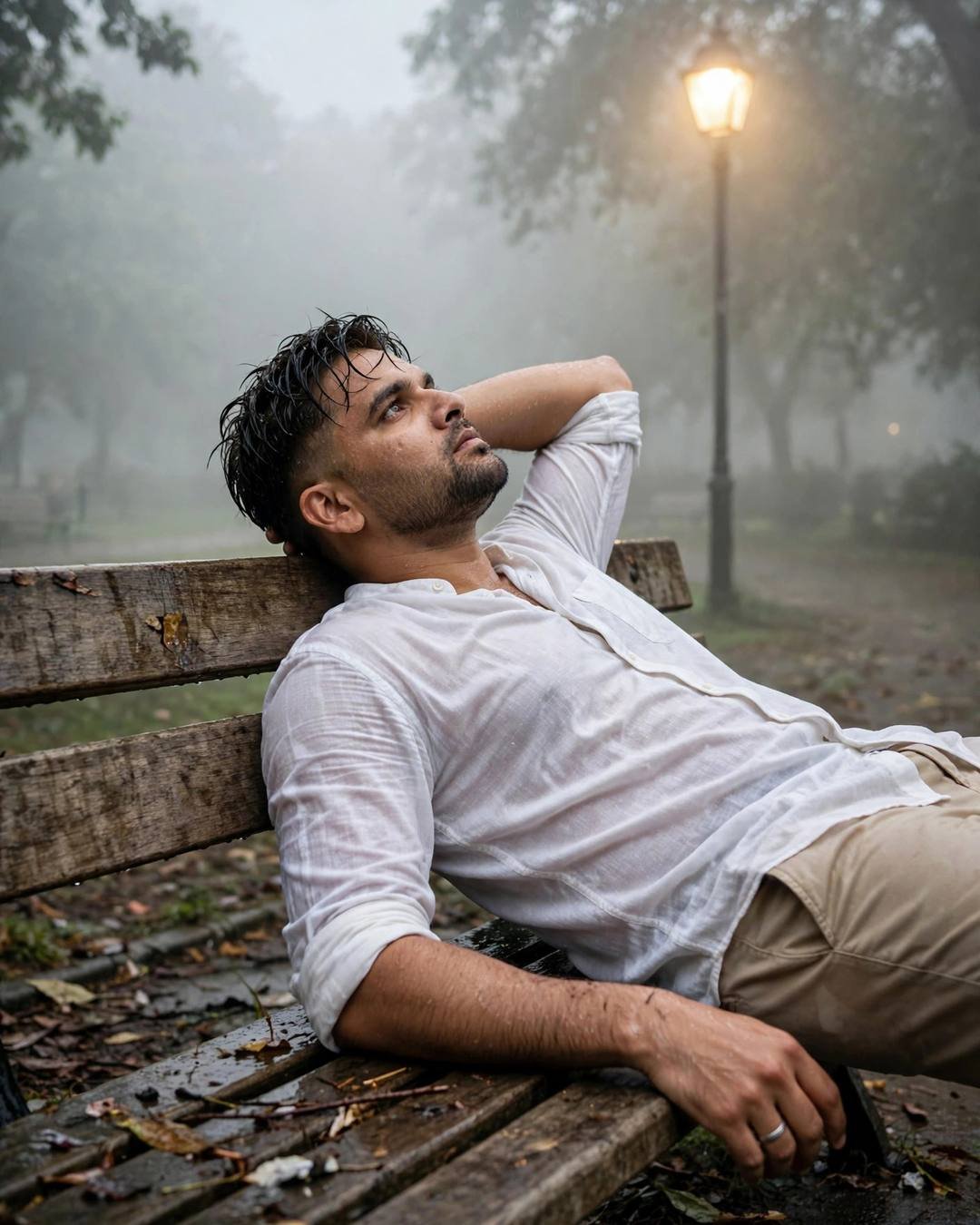 Young Indian man in white linen shirt reclined on a foggy park bench under a lamp, staring up