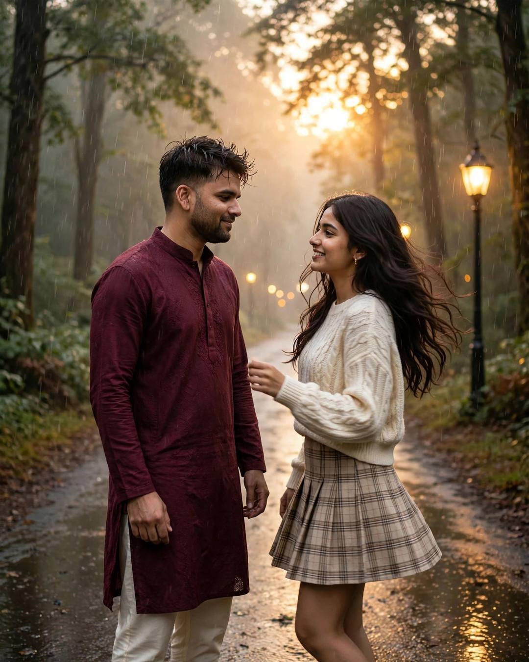 Sharing a soft blanket over their knees — maroon kurta with cream churidar, slightly messy morning hair dancing slowly in an empty street under streetlights