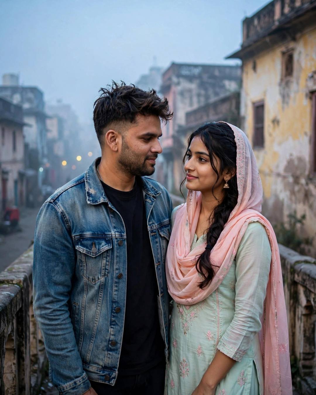 Couple leaning toward each other on a bridge in a narrow old lane at dawn, man in denim jacket, woman in pastel salwar