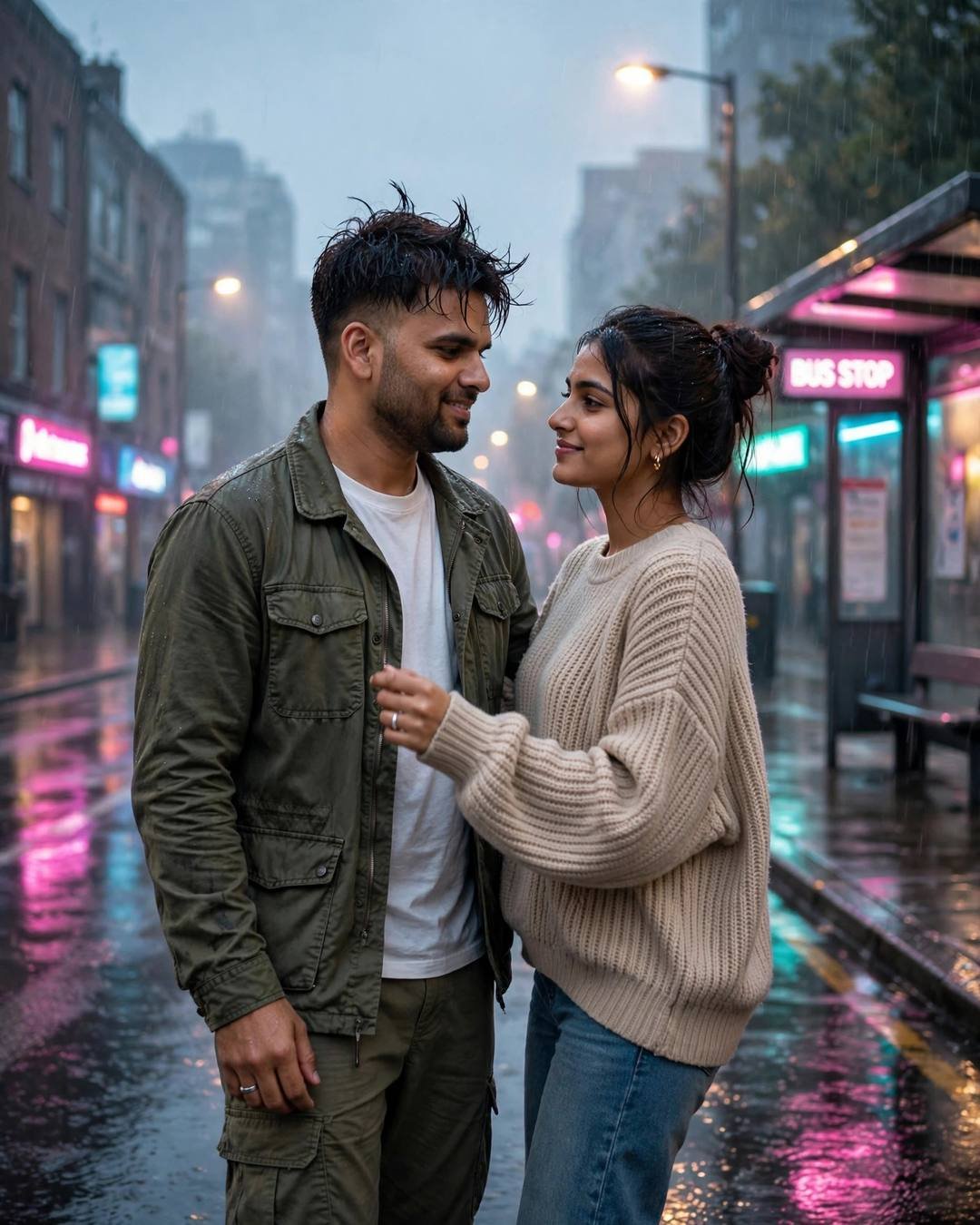 Couple dancing tango in the rain at a bus stop with neon signs, man in olive jacket, woman in beige sweater