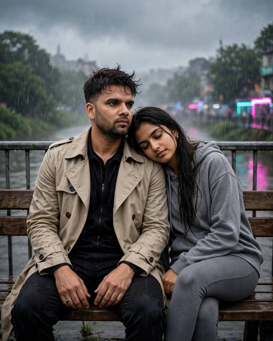 Couple on a bench on a bridge in heavy monsoon rain, woman with head on man's shoulder, neon lights behind