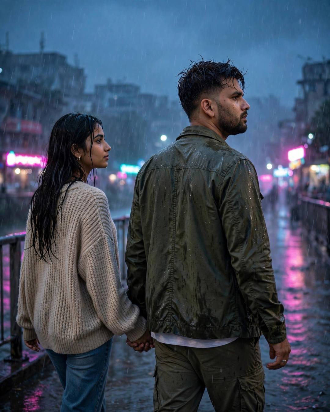 Young couple walking hand in hand across a rain-soaked bridge at blue hour, neon pink and cyan reflections on wet asphalt