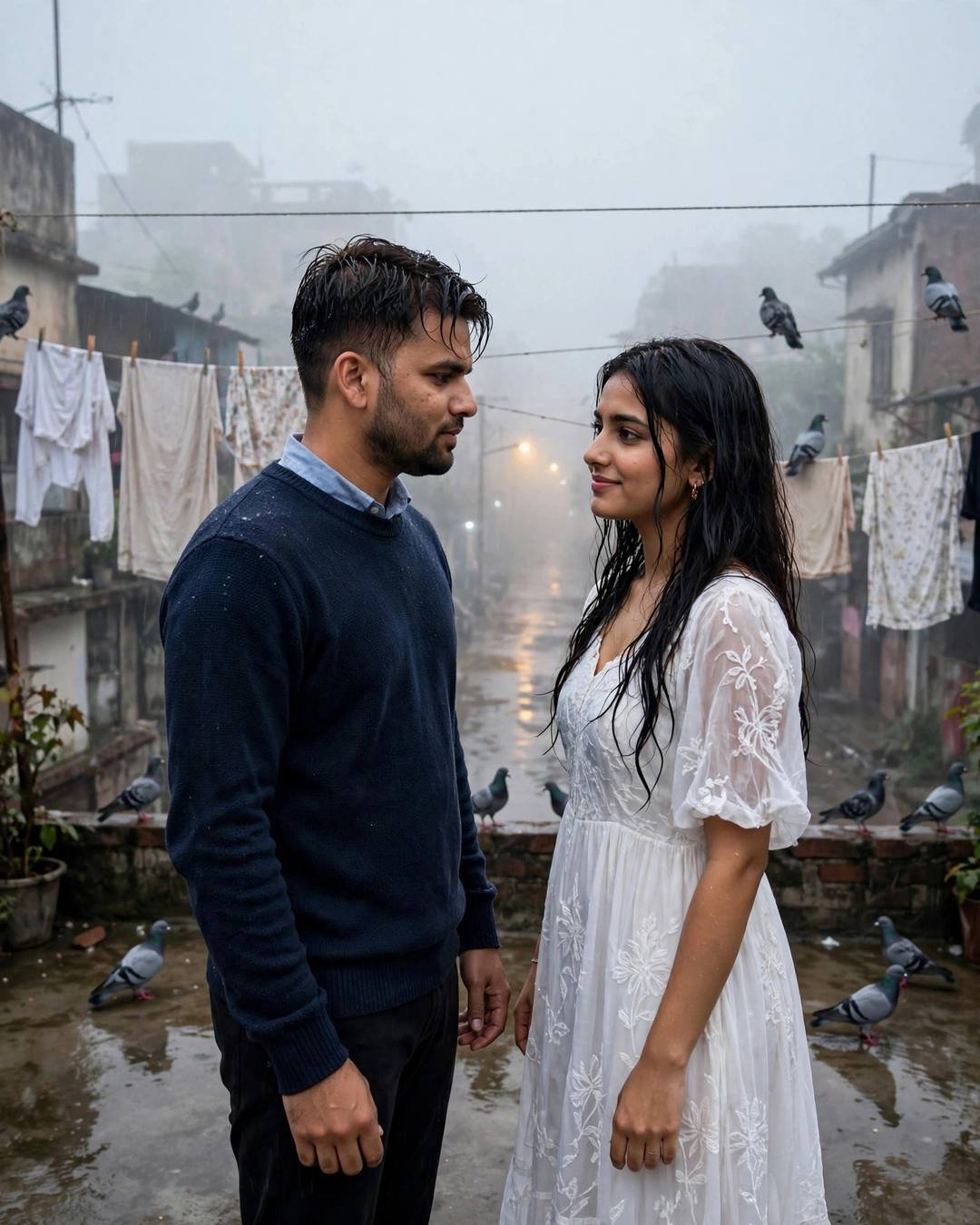 Couple facing each other on a rainy terrace with pigeons and washing lines at dawn, man in navy sweater, woman in white dress