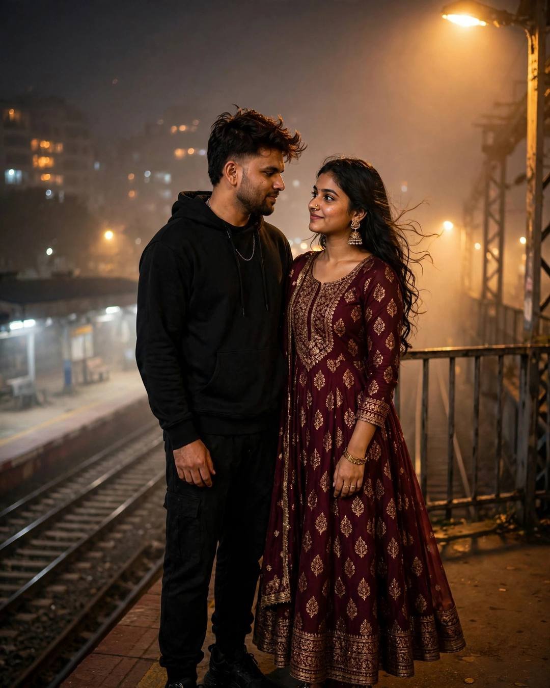 Young couple standing close on a foggy railway bridge at night under warm sodium streetlamps, gazing at each other
