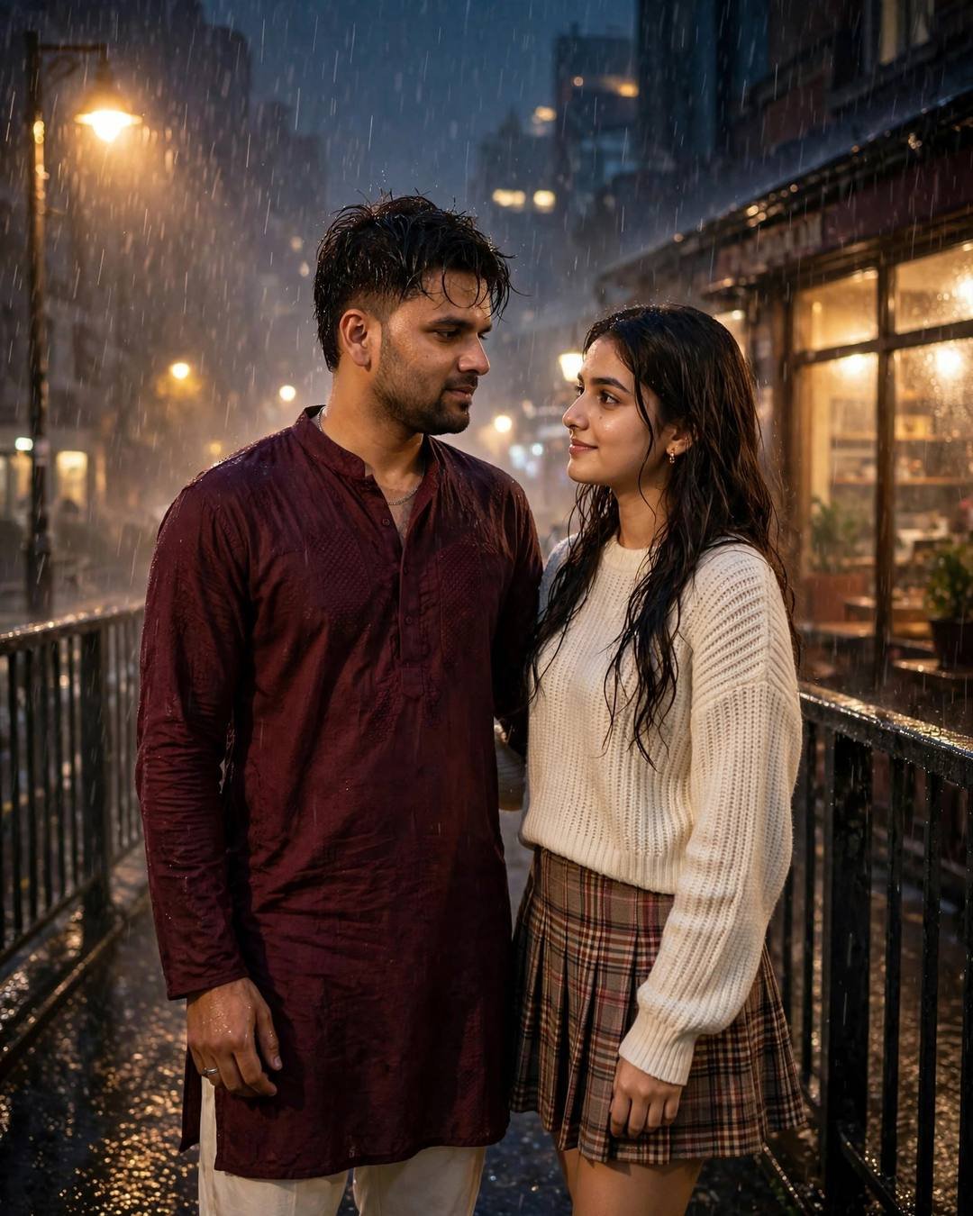 Couple walking on a bridge in heavy monsoon rain at midnight, man in maroon kurta, woman in cream knit top