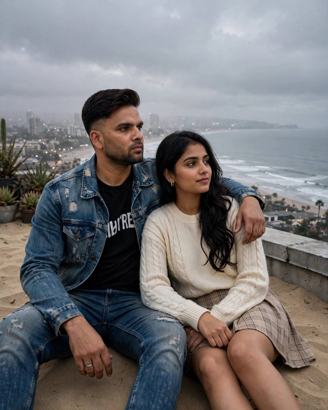 Cute couple sharing pani puri at a street stall, laughing, then on a rooftop at dawn