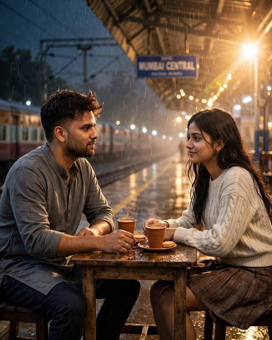 Cute couple twinning in white kurtas at a family function, then coffee on a midnight platform